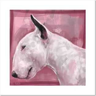 Artistic Painting of a Bull Terrier on Pink Background Posters and Art